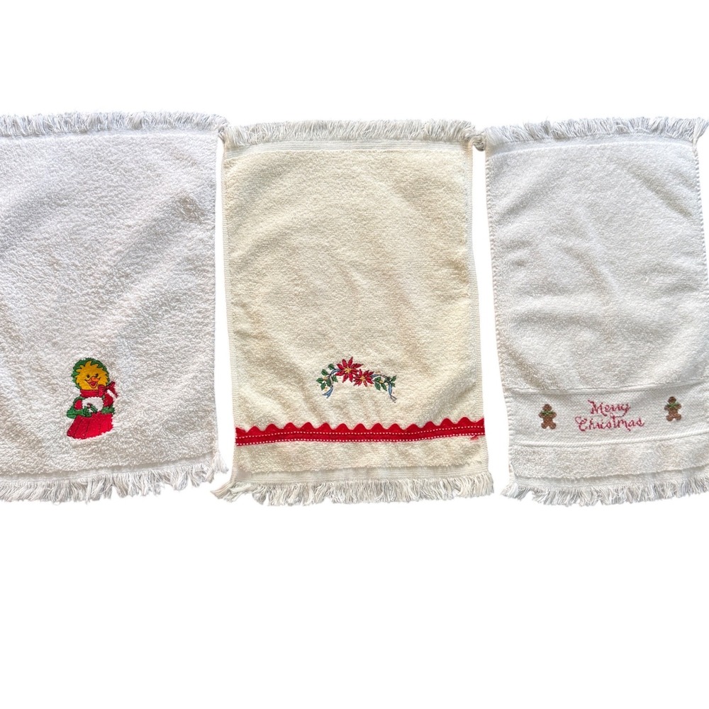 Vintage Cannon Martex Christmas Hand Towels Set 3 White‎ Cream Cotton Fringed